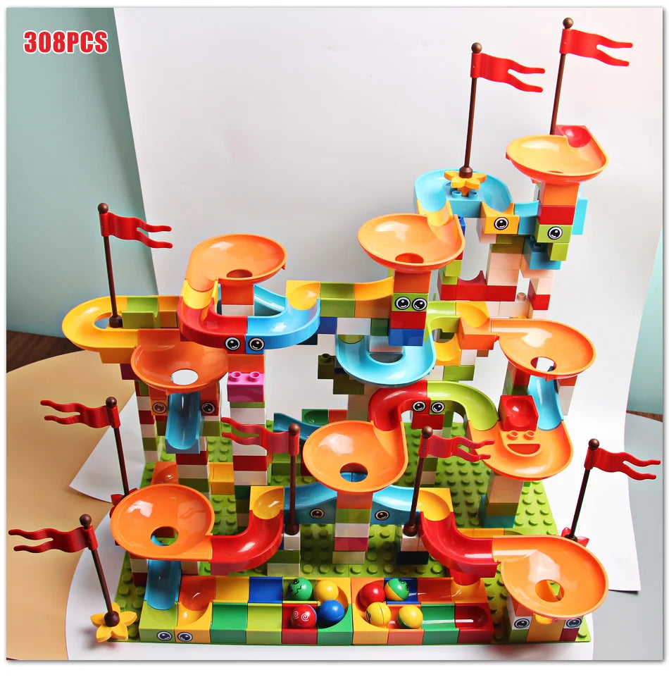 77-308PCS Marble Race Run Big Block Compatible City Building Blocks Funnel Slide Blocks DIY Big Bricks Toys For Children Gift