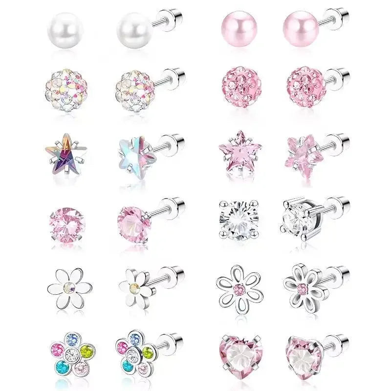 12 Pairs Hypoallergenic Surgical Stainless Steel Stud Earrings for Girls Kids Women Daughter Fashion Zircon Crystal Pearls Stud
