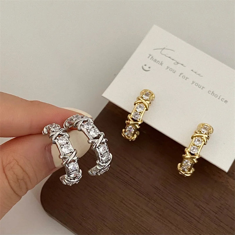 Vintage CC Design Stud Earrings for Women Korean Fashion X Cross Zircon Earring Engagement Jewelry Gifts Wholesale