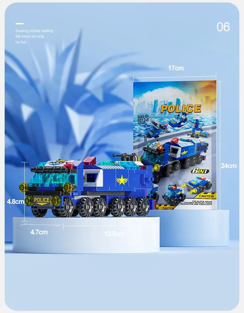 6IN1 Building Blocks City Fire Car Police Truck Engineering Crane Tank Helicopter Bricks Set Toys for Children Kids