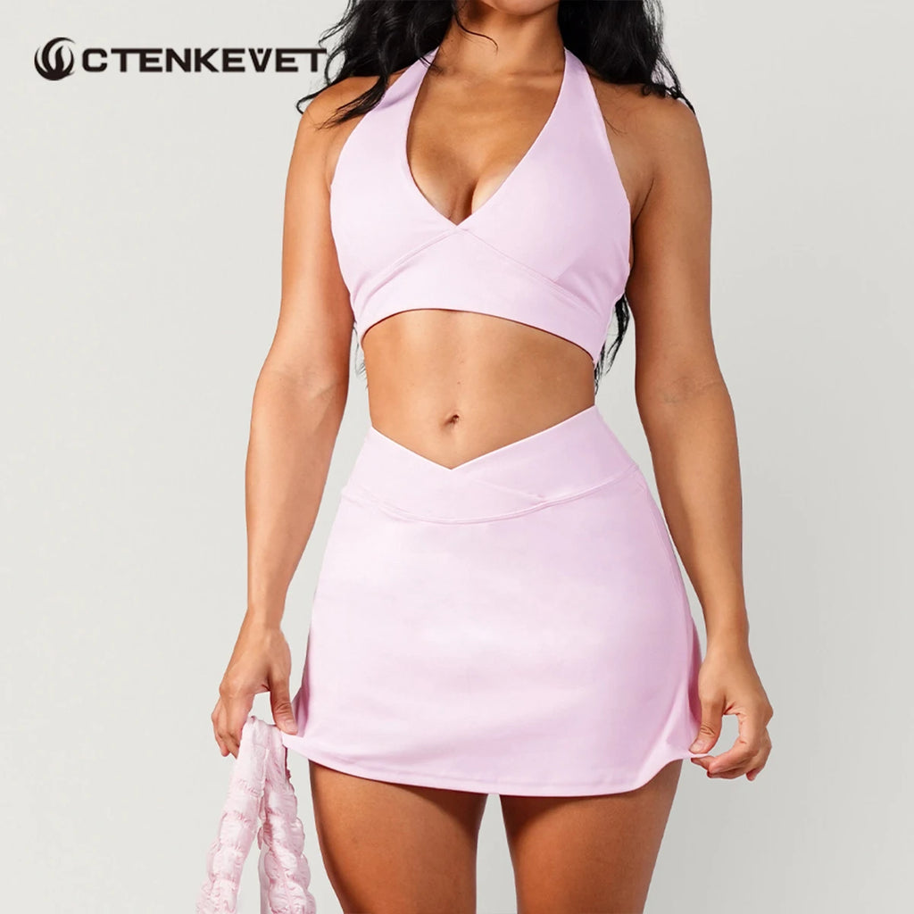 Ctenkevet Women Chest Padding And High Elasticity Bra Set 2Pcs Tennis Skirt Sportswear Female Golf Suits Sport Outfit For Woman