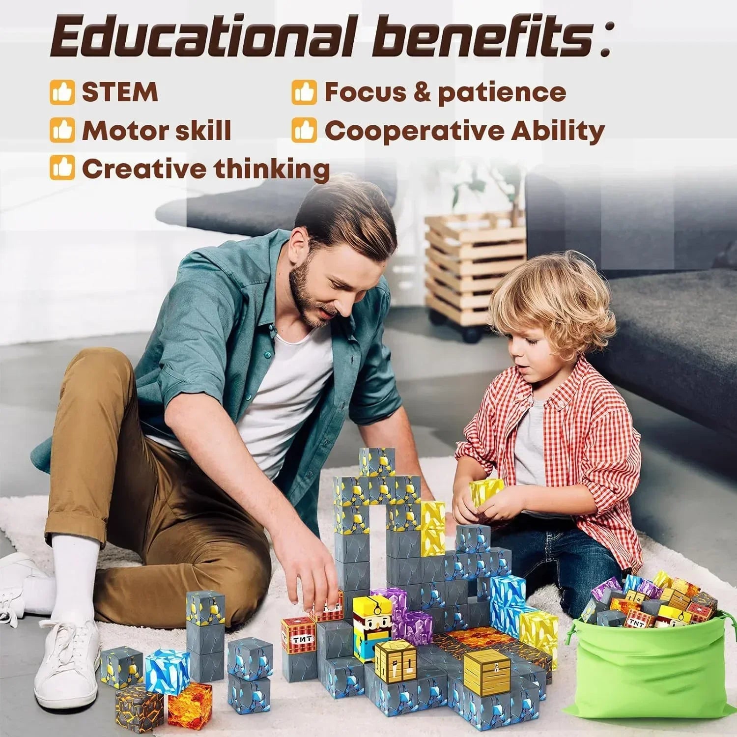 Magnetic Building Blocks Mine World Montessori Educational STEM Sensory Toy for Magnet Cube Kids Boys Girls Ages 3+ DIY Toy Gift