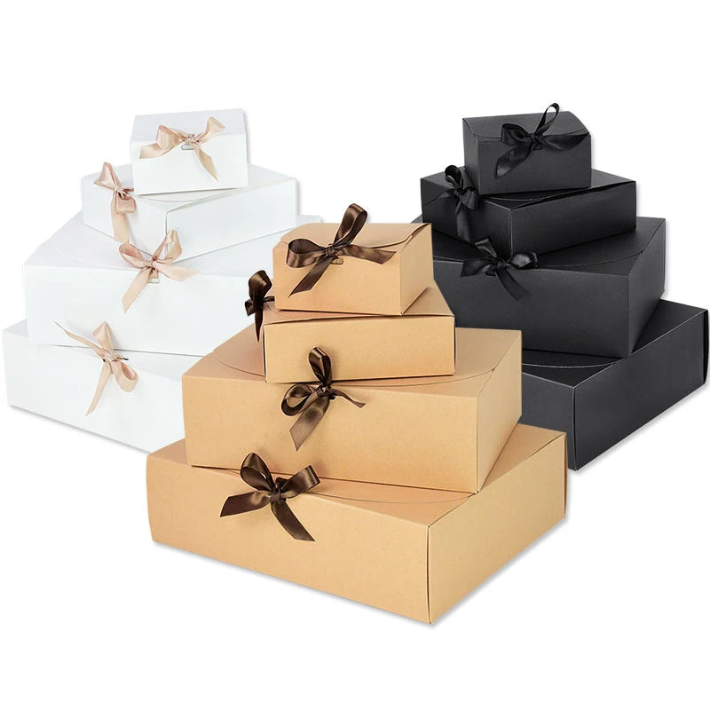Kraft Paper Gift Box With Decorative Bow Ribbons Multiple Sizes Wedding Birthday Party DIY Painting Craft Present package supply