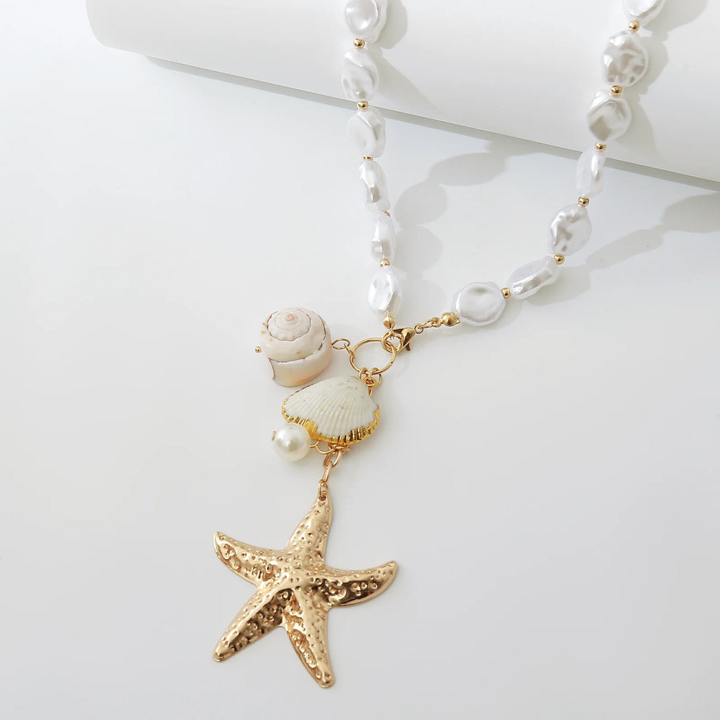 MHS.SUN Summer Shell Starfish Conch Pendant Necklace for Women Bohemian Metal Gold Color Chic Beach Jewelry Vacation Party Gift