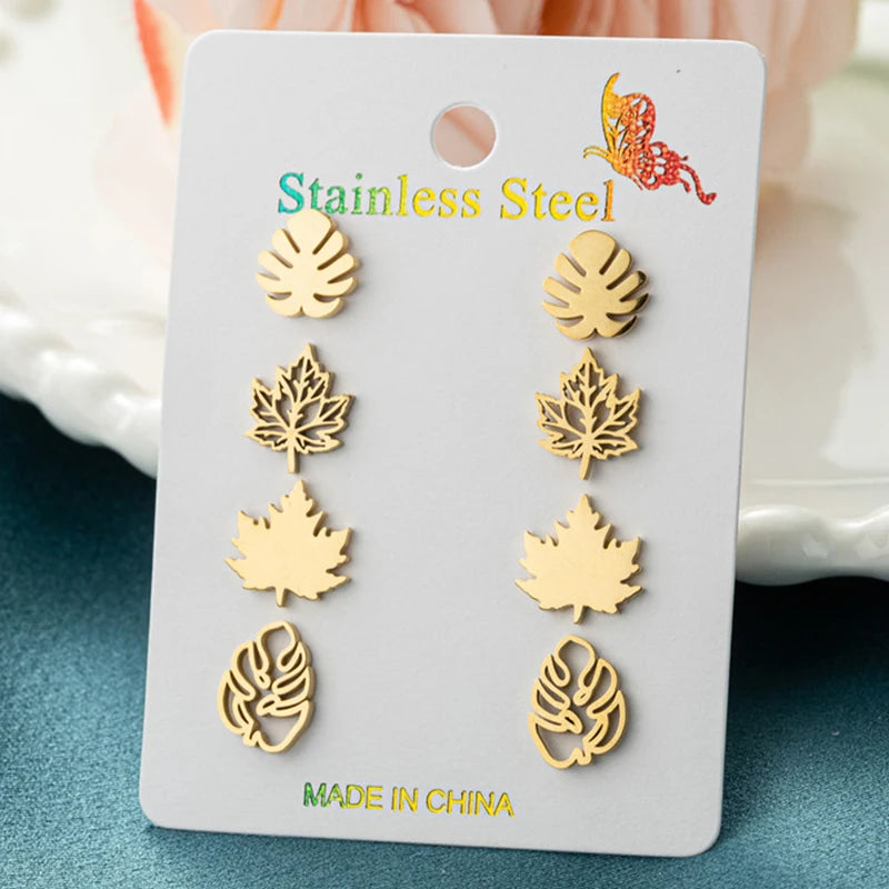 4Pairs/Lot Fashion Stainless Steel Star Moon Stud Earrings Sets for Women Small Flower Porker Dog Earings Jewelry Gift Wholesale