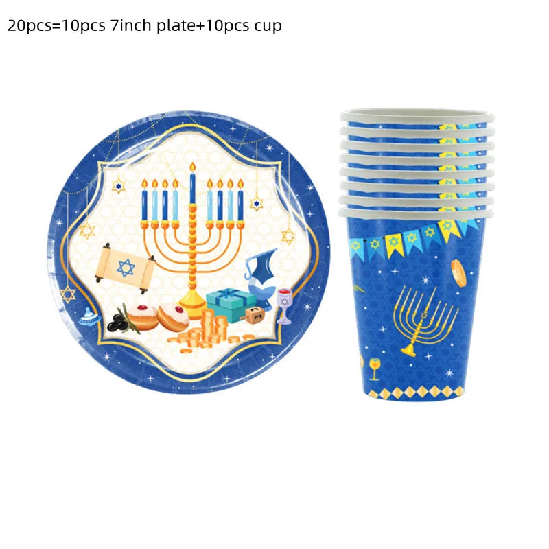 Jewish Hanukkah Balloon Banner Supplies Chanukah Disposable Tableware Cup Plate Napkins Happy Chanukah Festival Party Decoration