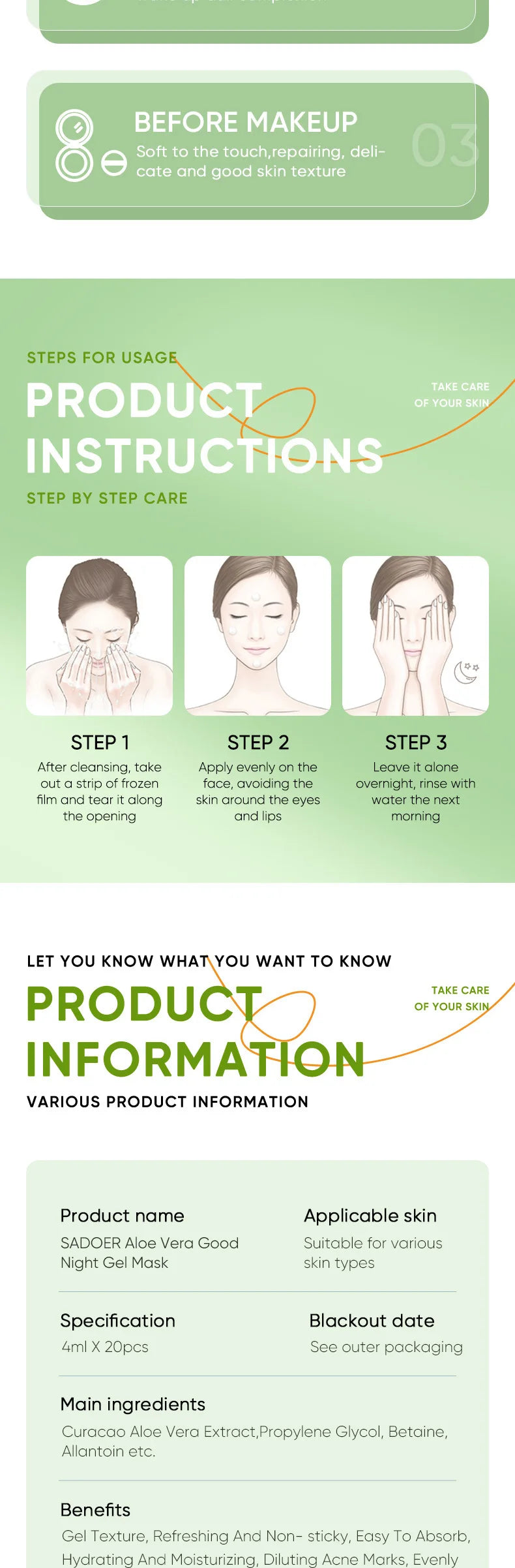 20pcs SADOER Aloe Vera Sleeping Facial Masks Moisturizing Anti-Wrinkles Hydrating Anti-Aging No Wash Face Mask Facial Skin Care