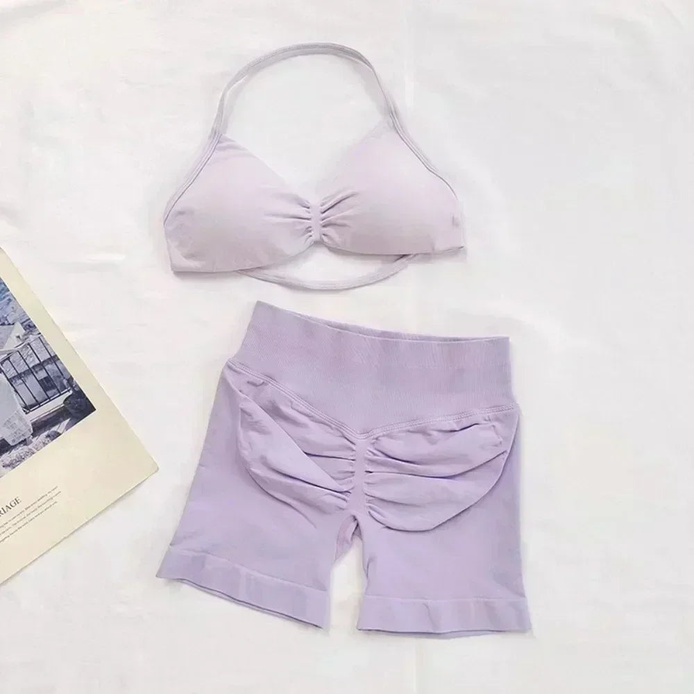 2 Pieces Sports Set Women Backless Tank Tops High Waist Scrunch Seamless Shorts Sport Suit Gym Set Sportswear Workout Set