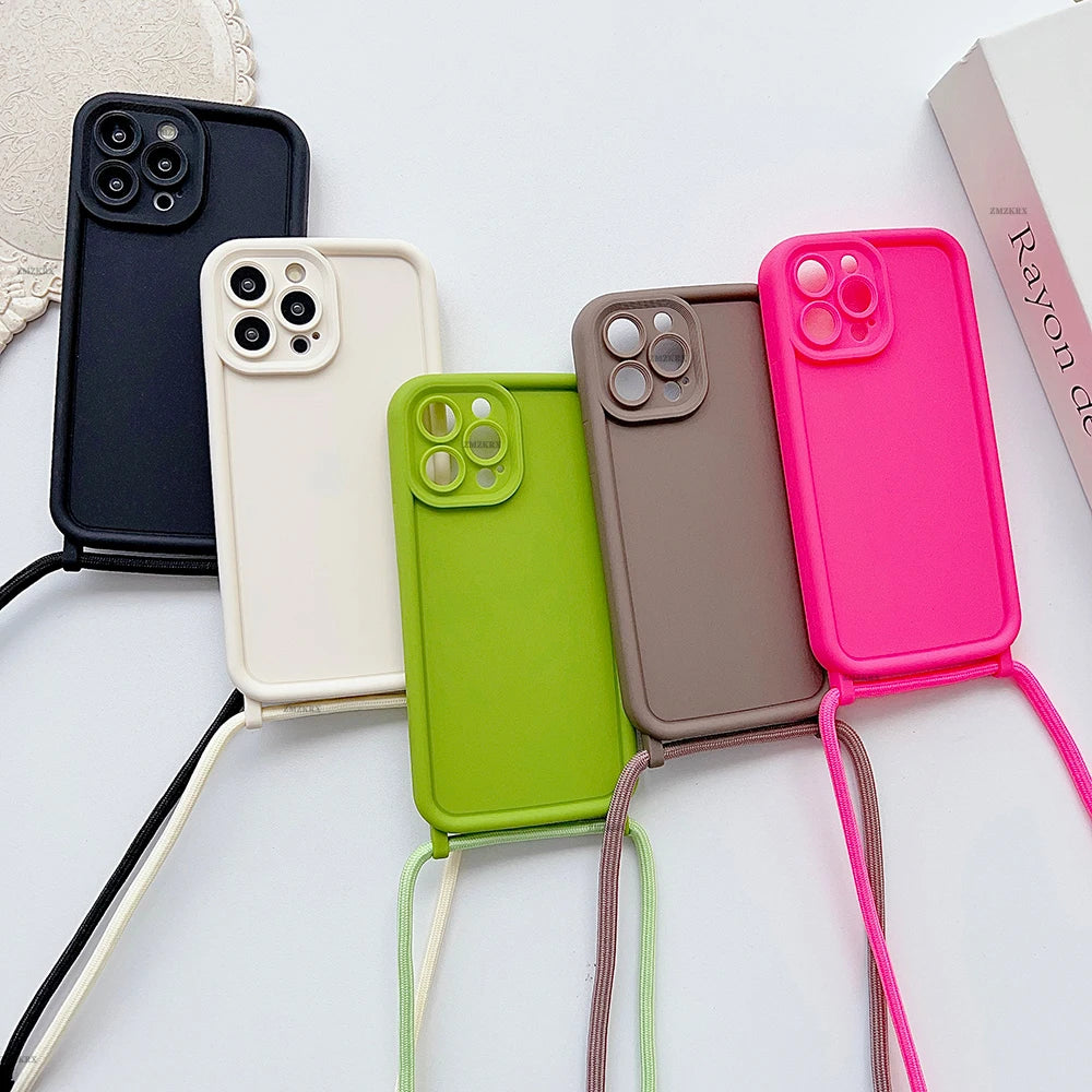 Crossbody Necklace Strap Adjustable Lanyard Silicone Phone Case For iphone 16 15 14 13 12 11 Pro X XR XS Max 7 8 Plus Soft Cover