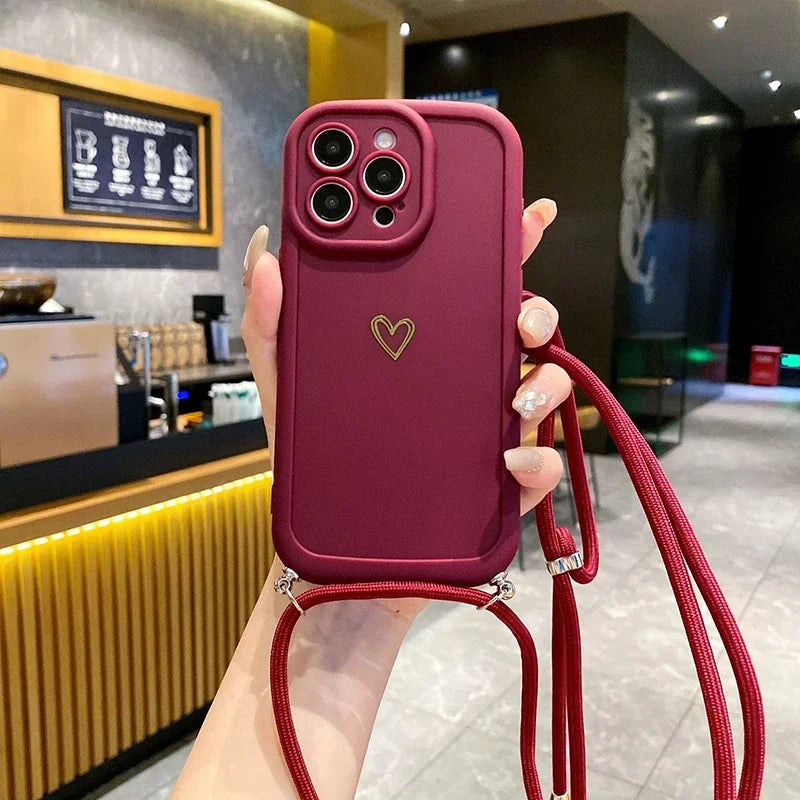 Crossbody Love Phone Cases for IPhone 17 16 Pro Max 15 14 13 12 11 With Lanyard Silicone Back Cover