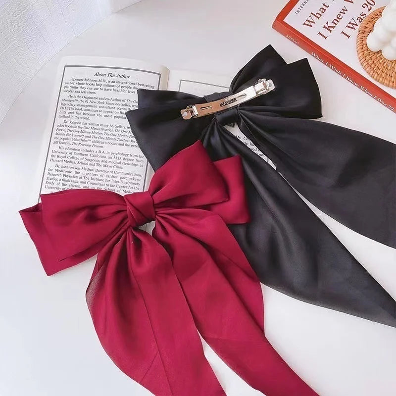 Chiffon Bow Hair Clip Women Large Bowknot Stain Hairpin Barrettes Girls Solid Color Ponytail Clip Hair Accessories Headwear Gift