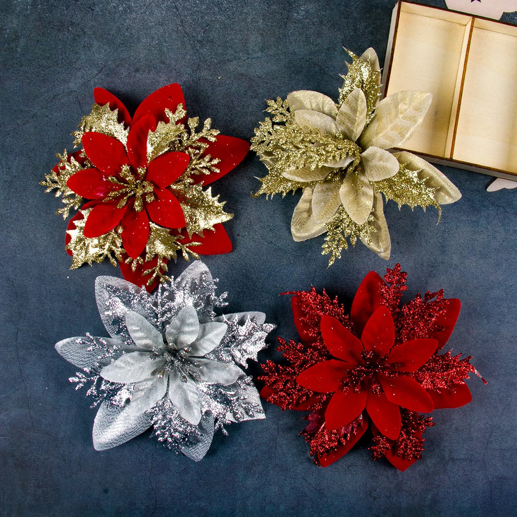 5-20pcs Sparkling Red Golden Silver Poinsettia Artificial Flowers Christmas Tree Ornaments for Xmas New Year party Decoration