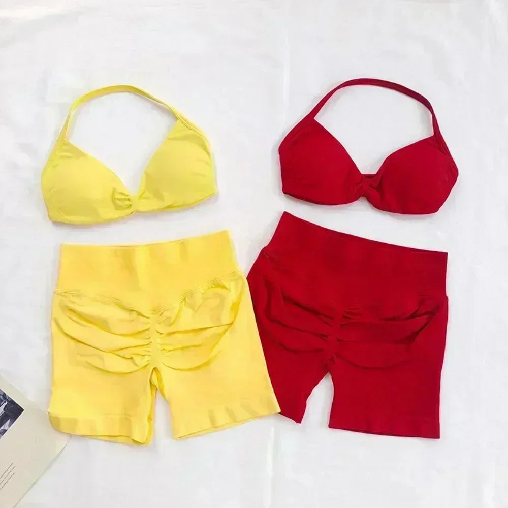 2 Pieces Sports Set Women Backless Tank Tops High Waist Scrunch Seamless Shorts Sport Suit Gym Set Sportswear Workout Set