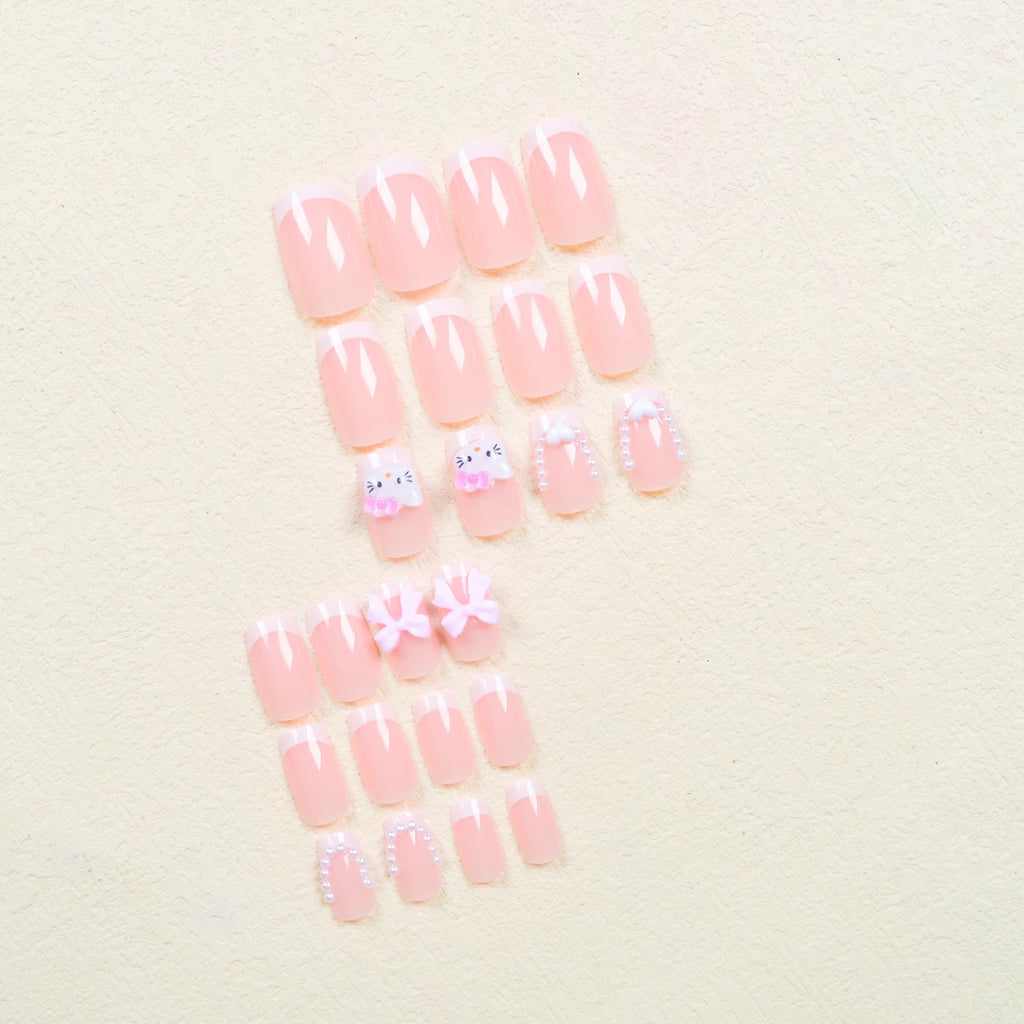 24 Medium Square Nail Pink French Cute Cartoon Cat White Love Camellia Nail Patch Jelly Powder Bow Wear Nail Set