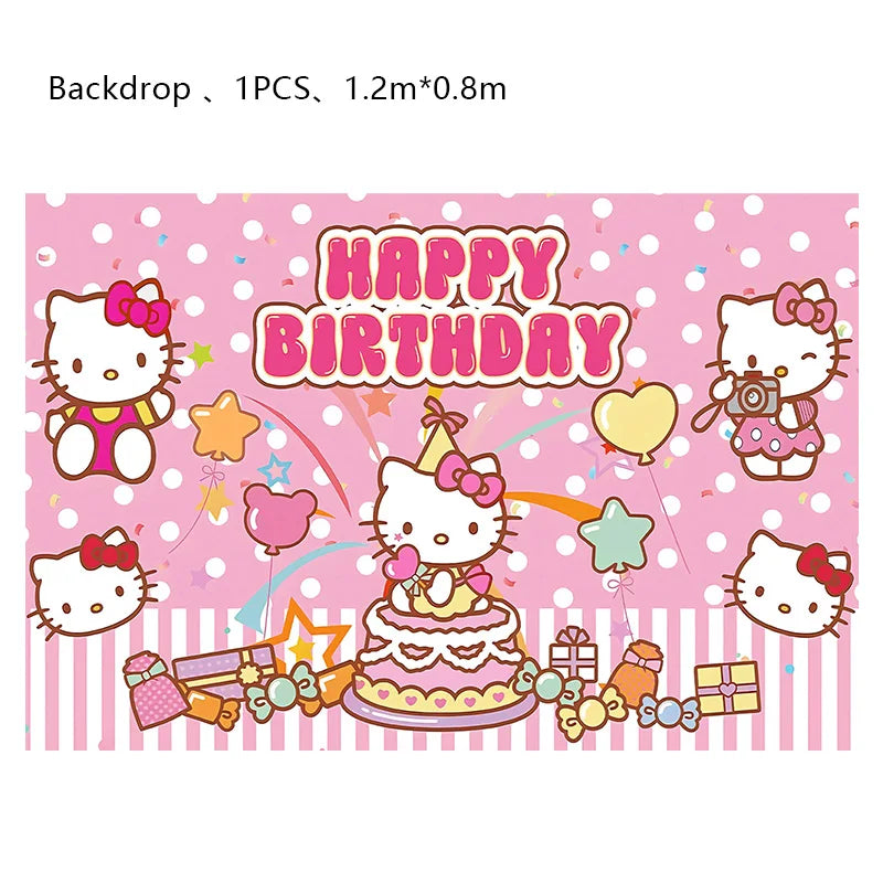 Hello Kitty Birthday Party Decoration Cartoon Cat Kids Aluminum Foil Balloon Disposable Tableware Banner Child Event Supplies