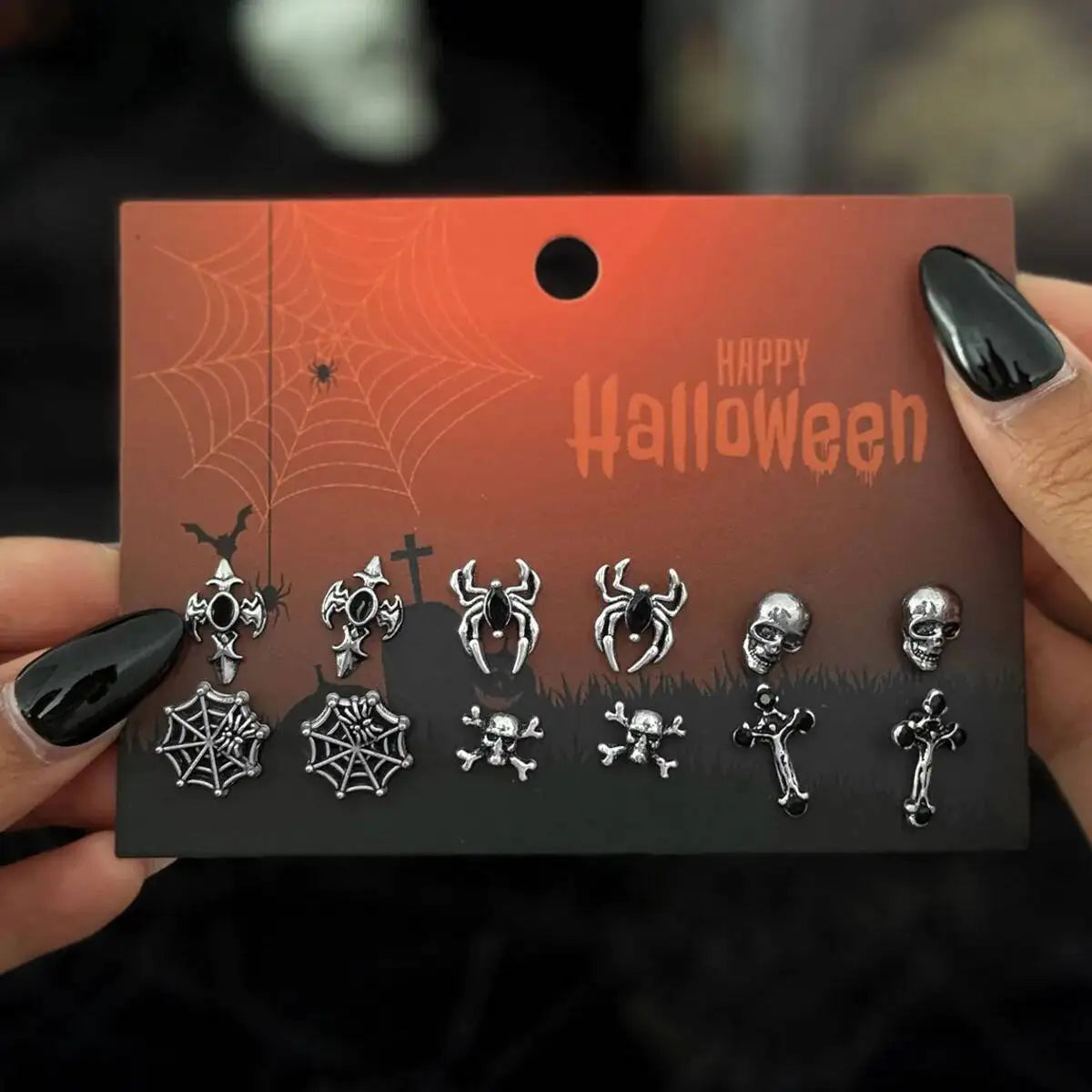 KunJoe 6 Pairs Gothic Spider Cross Skull Earrings for Women Retro Bat Skeleton Stud Earrings Halloween Jewelry Accessories