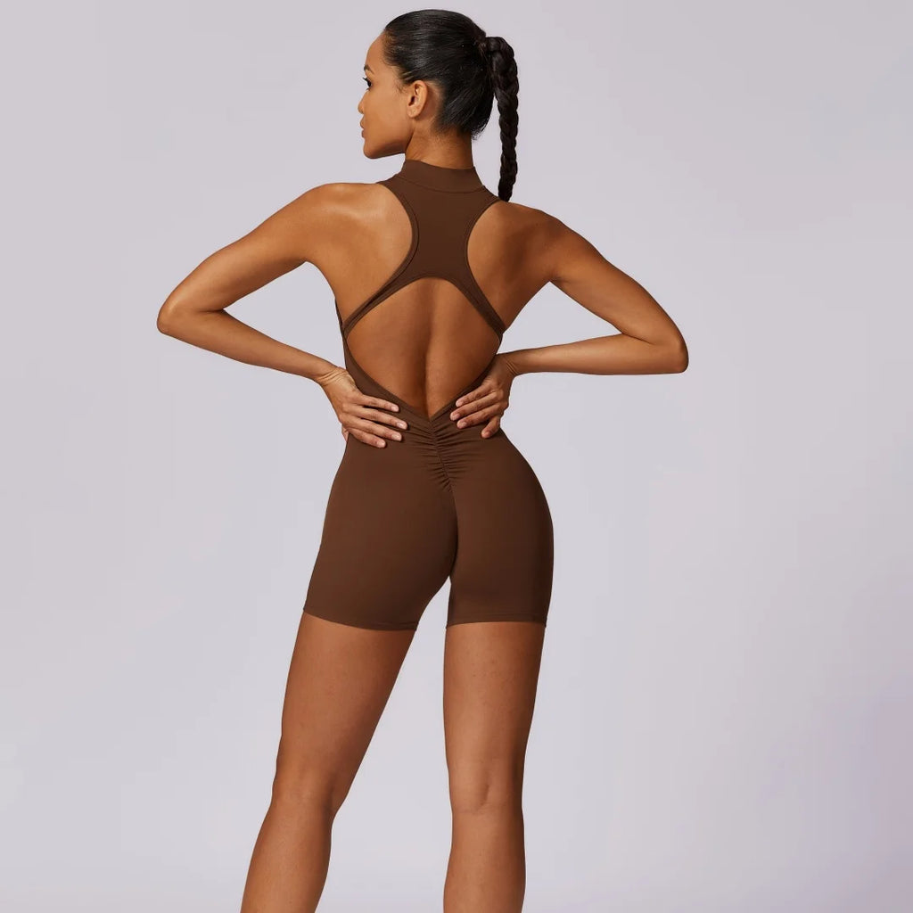 Solid Soft Backless Back Waist Scrunch Yoga Jumpsuit Short Set Women Zipper Sportswear Fitness One Piece Sports Suit Workout
