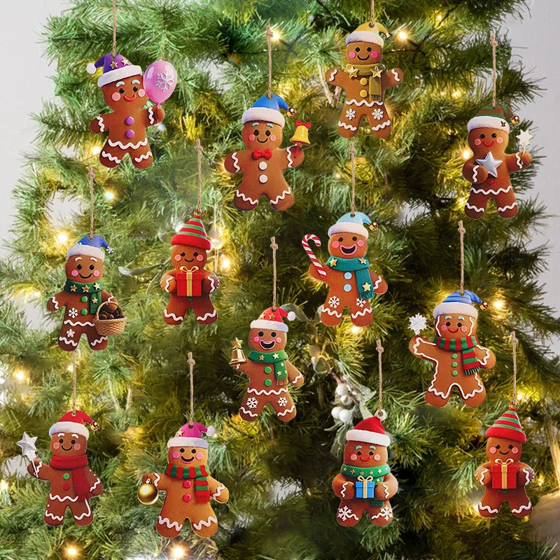 12/24pcs Christmas Gingerbread Man Ornaments Xmas Tree Wooden Hanging Pendants 2026 New Year Party Home Decoration Kids DIY GIft