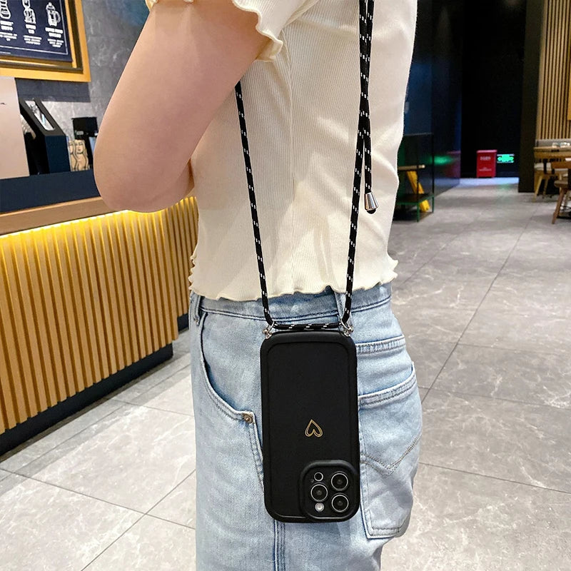 Crossbody Love Phone Cases for IPhone 17 16 Pro Max 15 14 13 12 11 With Lanyard Silicone Back Cover