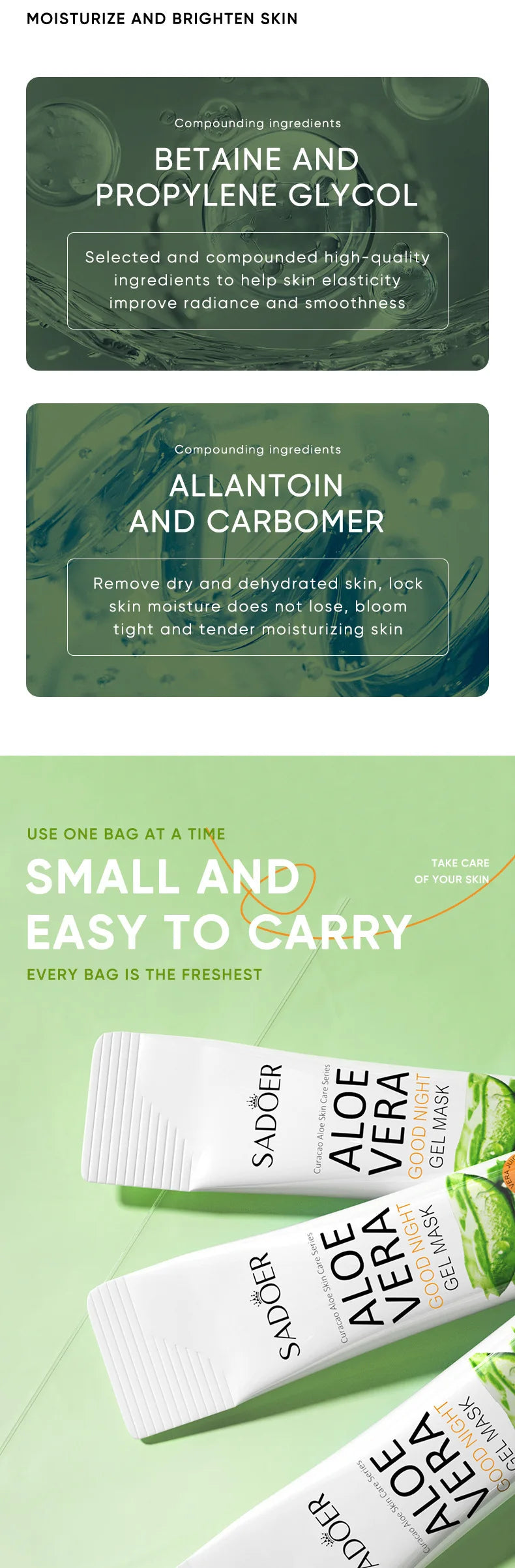 20pcs SADOER Aloe Vera Sleeping Facial Masks Moisturizing Anti-Wrinkles Hydrating Anti-Aging No Wash Face Mask Facial Skin Care