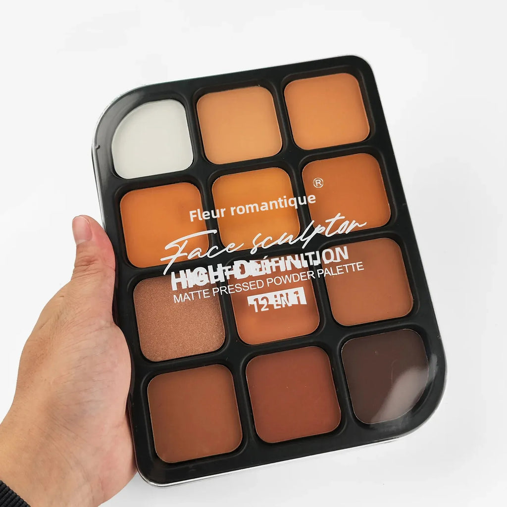 Deep Skin 12-Color Matte Contour Palette - Full Coverage All-In-One Highlighter Shading & Powder Face Makeup Kit