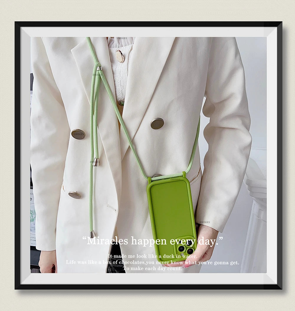 Crossbody Necklace Strap Adjustable Lanyard Silicone Phone Case For iphone 16 15 14 13 12 11 Pro X XR XS Max 7 8 Plus Soft Cover