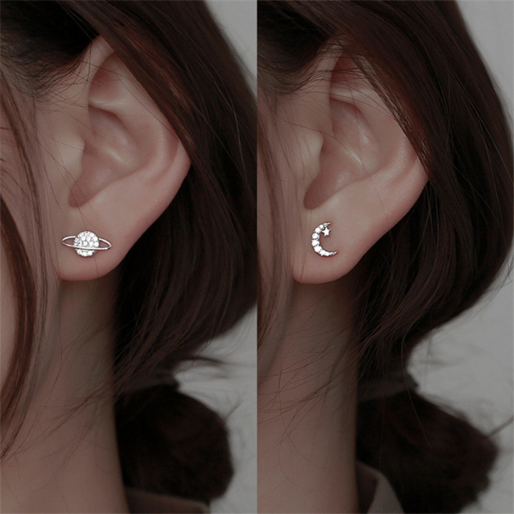 Simple Fashion Zircon Star Moon Mini Earrings for Women Cute Korean Planet Asymmetric Ear Studs Piercing Earrings Jewelry Gifts