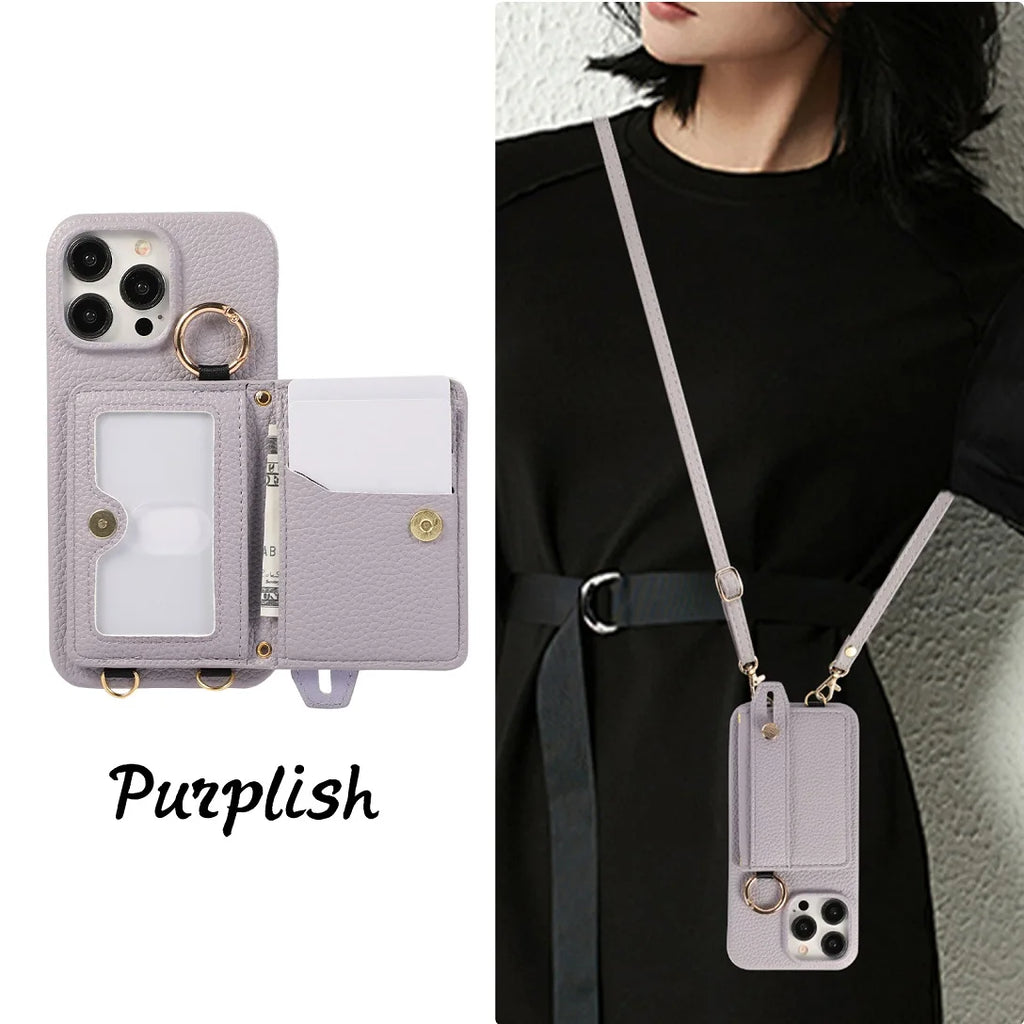 Luxury Shoulder Leather Card Pocket Wallet Case For iPhone 11 12 13 14 15 16 17 Pro Max Plus Purse Phone Cover Wrist Strap Stand