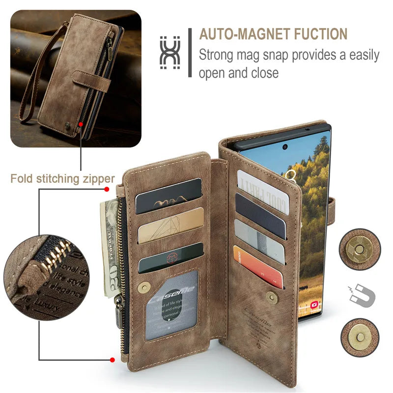 Flip Leather Phone Case For Samsung Galaxy S25 Edge S24 Ultra S23 FE S22 S21 S20 Plus Note 20 A16 A56 Zipper Wallet Card Cover