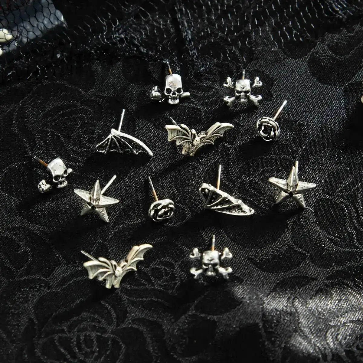 KunJoe 6 Pairs Gothic Spider Cross Skull Earrings for Women Retro Bat Skeleton Stud Earrings Halloween Jewelry Accessories