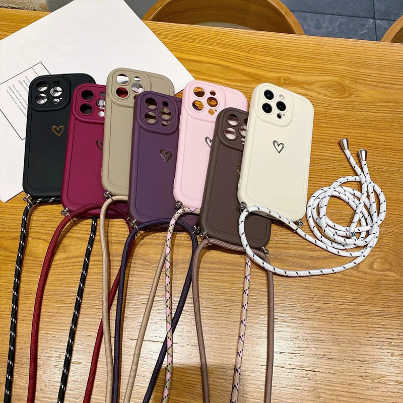Crossbody Love Phone Cases for IPhone 17 16 Pro Max 15 14 13 12 11 With Lanyard Silicone Back Cover