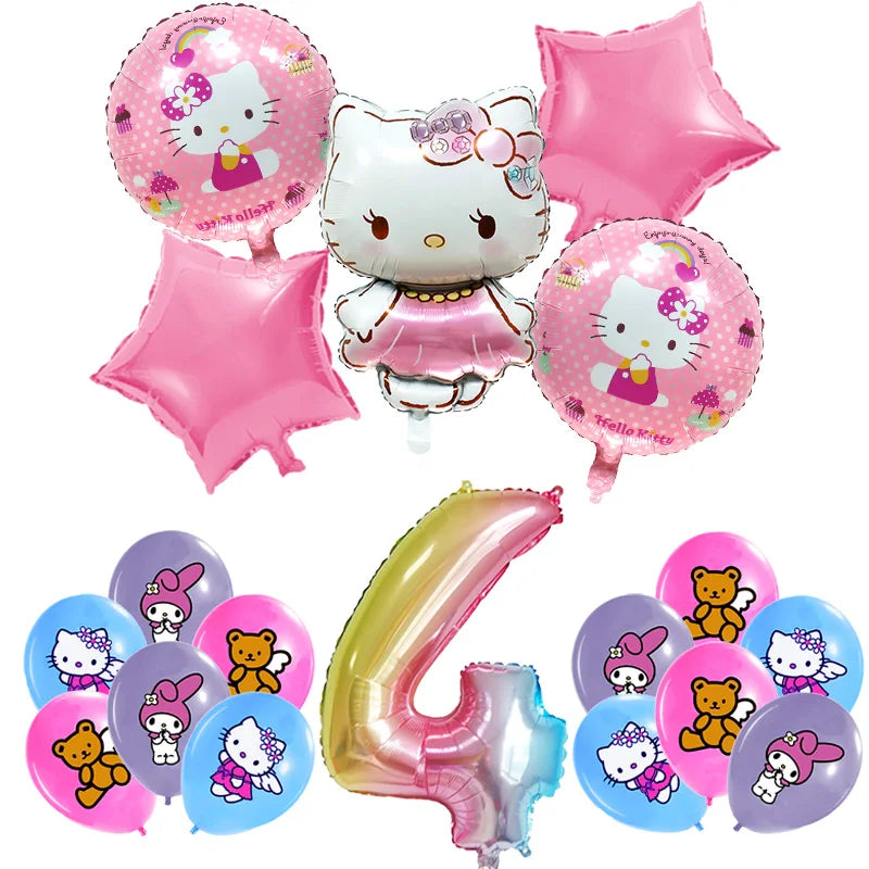 Hello Kitty Birthday Party Decoration Cartoon Cat Kids Aluminum Foil Balloon Disposable Tableware Banner Child Event Supplies