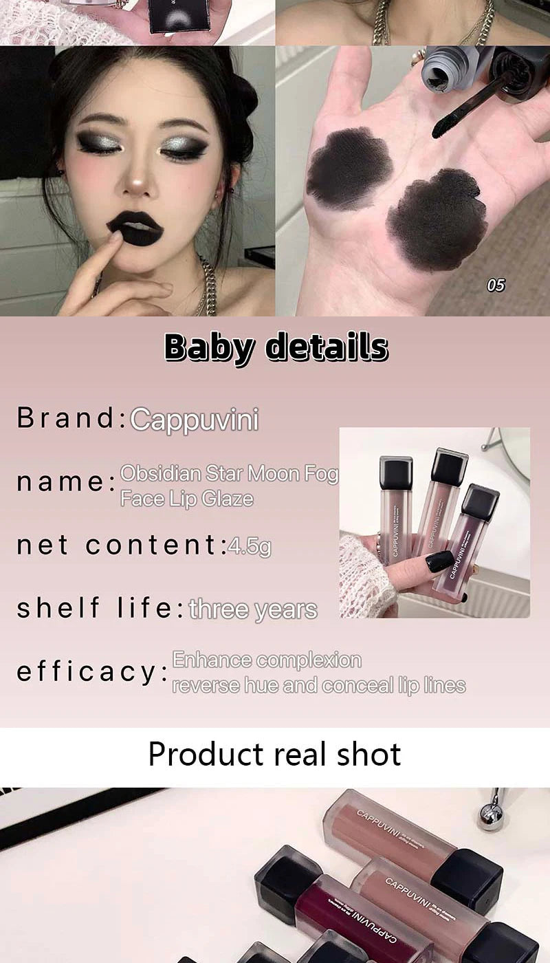 Cappuvini Obsidian Starry Matte Lip Gloss: Velvet Finish with Long-Lasting Formula-Dark Series for a Radiant Look,