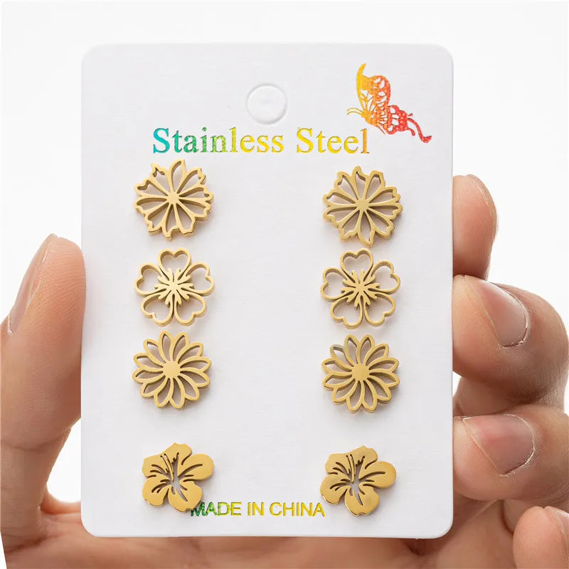 4Pairs/Lot Fashion Stainless Steel Star Moon Stud Earrings Sets for Women Small Flower Porker Dog Earings Jewelry Gift Wholesale