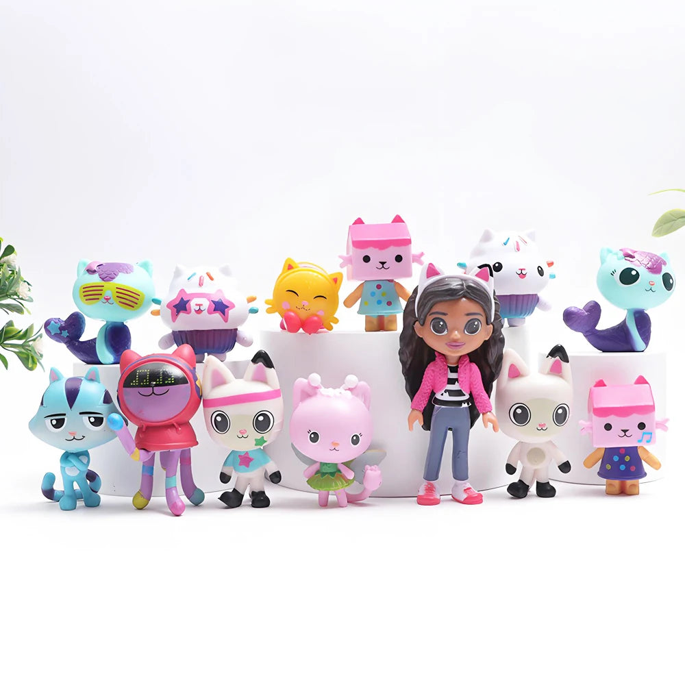 13pcs Gabby Dollhouse Anime Figure Toy Smiling Car Cat Hug Gaby Girl Dolls Mercat Cartoon Action Figure Xmas Birthday Kids Gift