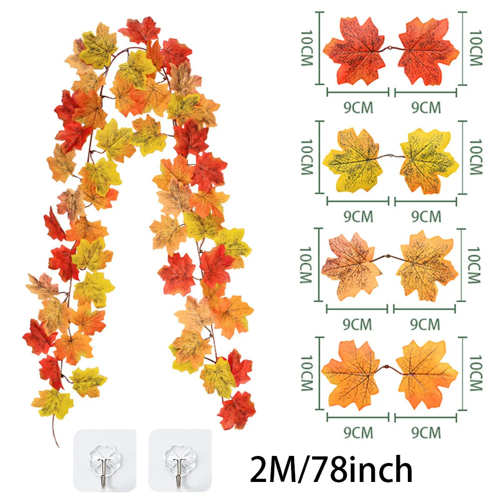 2M Artificial Fall Maple Leaf Garland Fake Plants Autumn Decor Leaves Vine for Thanksgiving Halloween Festivals Wedding Decora