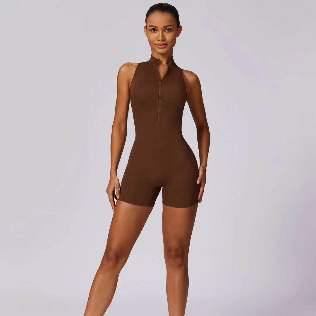 Solid Soft Backless Back Waist Scrunch Yoga Jumpsuit Short Set Women Zipper Sportswear Fitness One Piece Sports Suit Workout