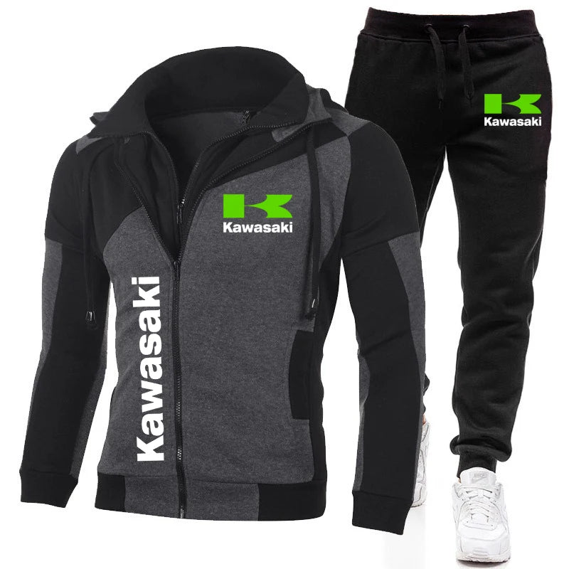 Kawasaki Logo Motorcycle Racing Team Men Zip Up Hoodie Pant Sets 2025 Fashion Male Zip Up Sweatshirt Pants Suit Sport Coat Set