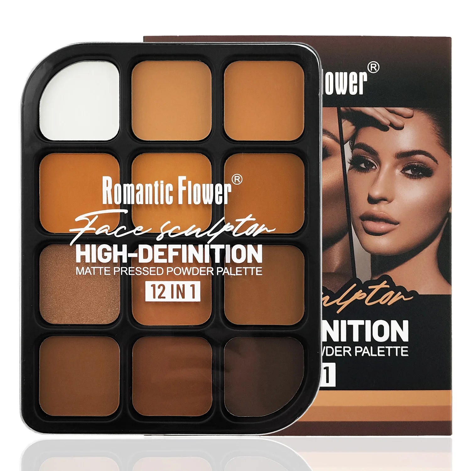 Deep Skin 12-Color Matte Contour Palette - Full Coverage All-In-One Highlighter Shading & Powder Face Makeup Kit
