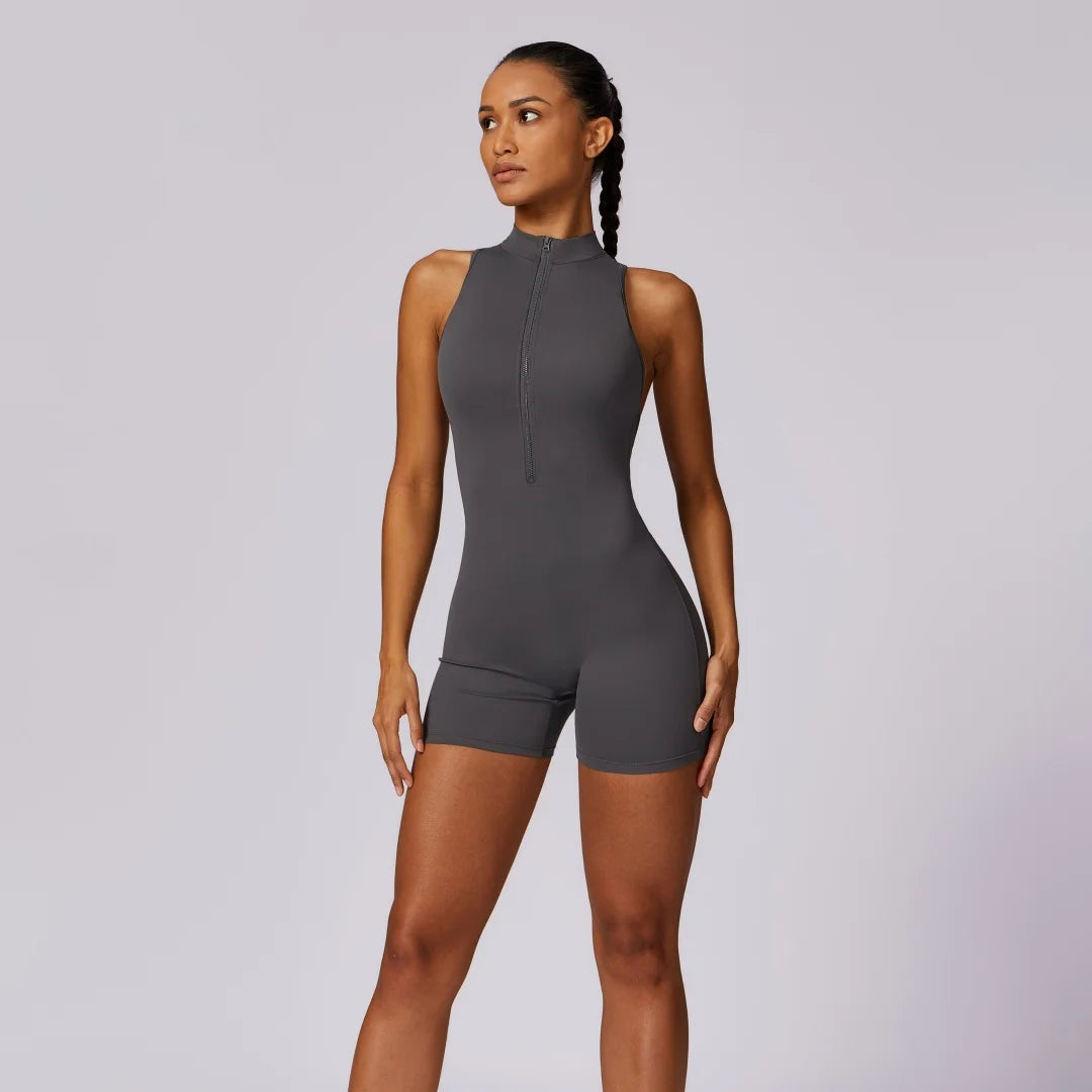 Solid Soft Backless Back Waist Scrunch Yoga Jumpsuit Short Set Women Zipper Sportswear Fitness One Piece Sports Suit Workout