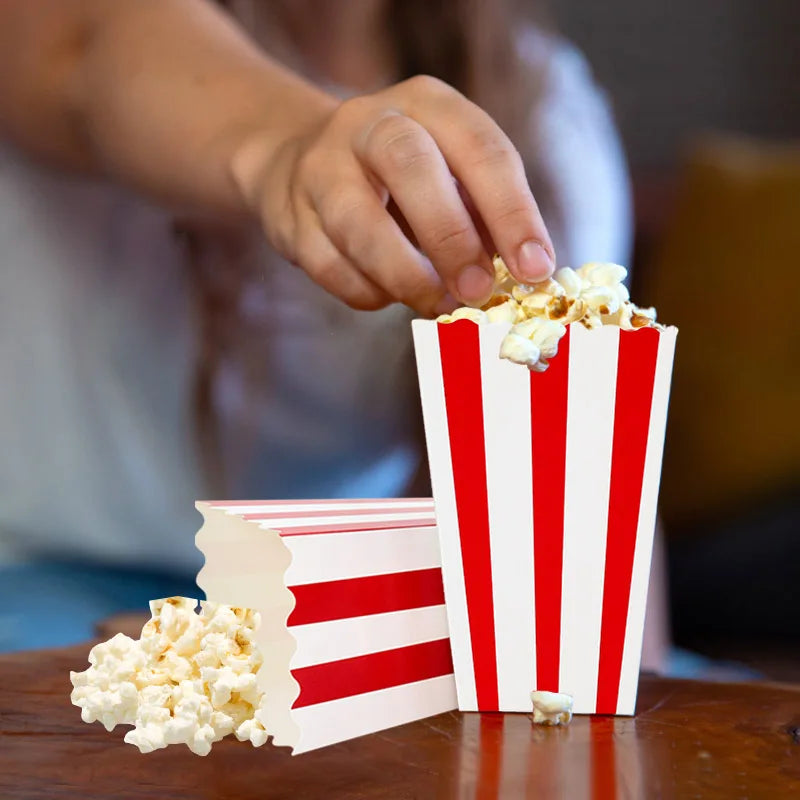 10Pcs Popcorn Paper Boxes Buckets Red White Stripes Bags Snack Containers For Movie Night Birthdays Carnival Party Supplies