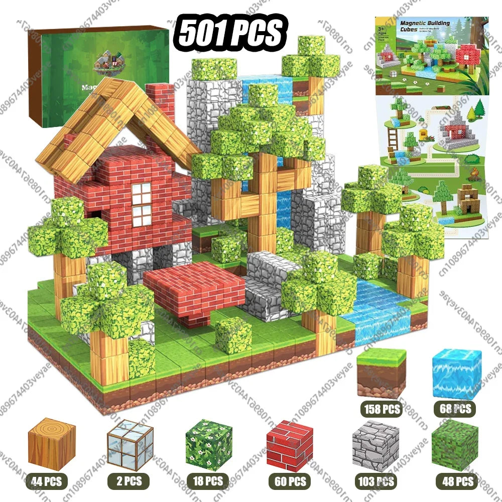 Magnetic Building Blocks Mine World Montessori Educational STEM Sensory Toy for Magnet Cube Kids Boys Girls Ages 3+ DIY Toy Gift