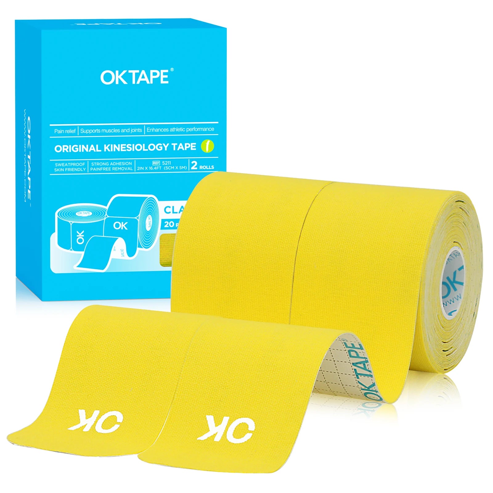 2 Rolls OK TAPE Updated Kinesiology Tape, New Packaging 5cm x 5m, 25cm Precut 20 Strips, Cotton Elastic Athletic Tape Latex Free
