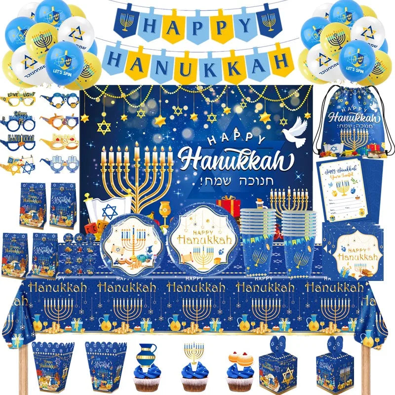Jewish Hanukkah Balloon Banner Supplies Chanukah Disposable Tableware Cup Plate Napkins Happy Chanukah Festival Party Decoration
