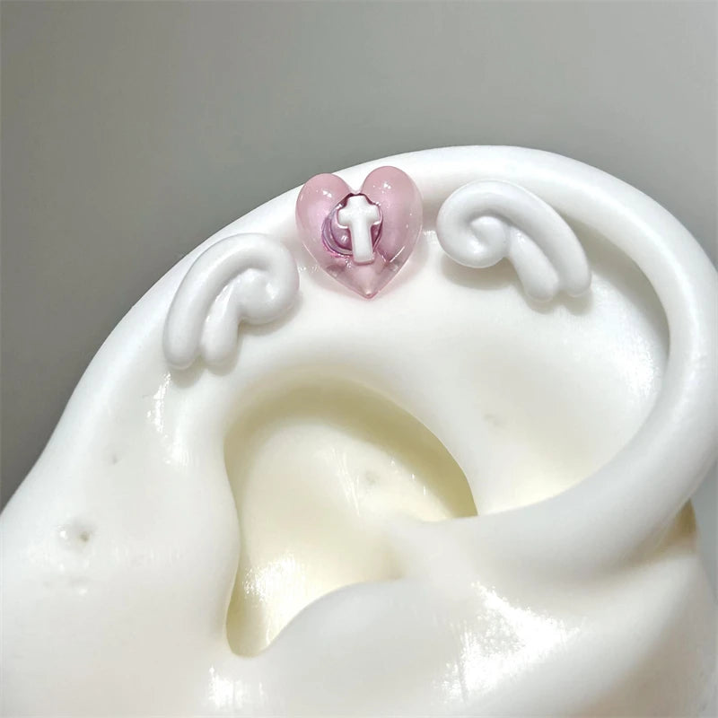 Sweet Angel's Wings Stainless Steel Ear Bone Nail Cute Acrylic Love Heart Cross Earrings for Women Body Puncture Accessories