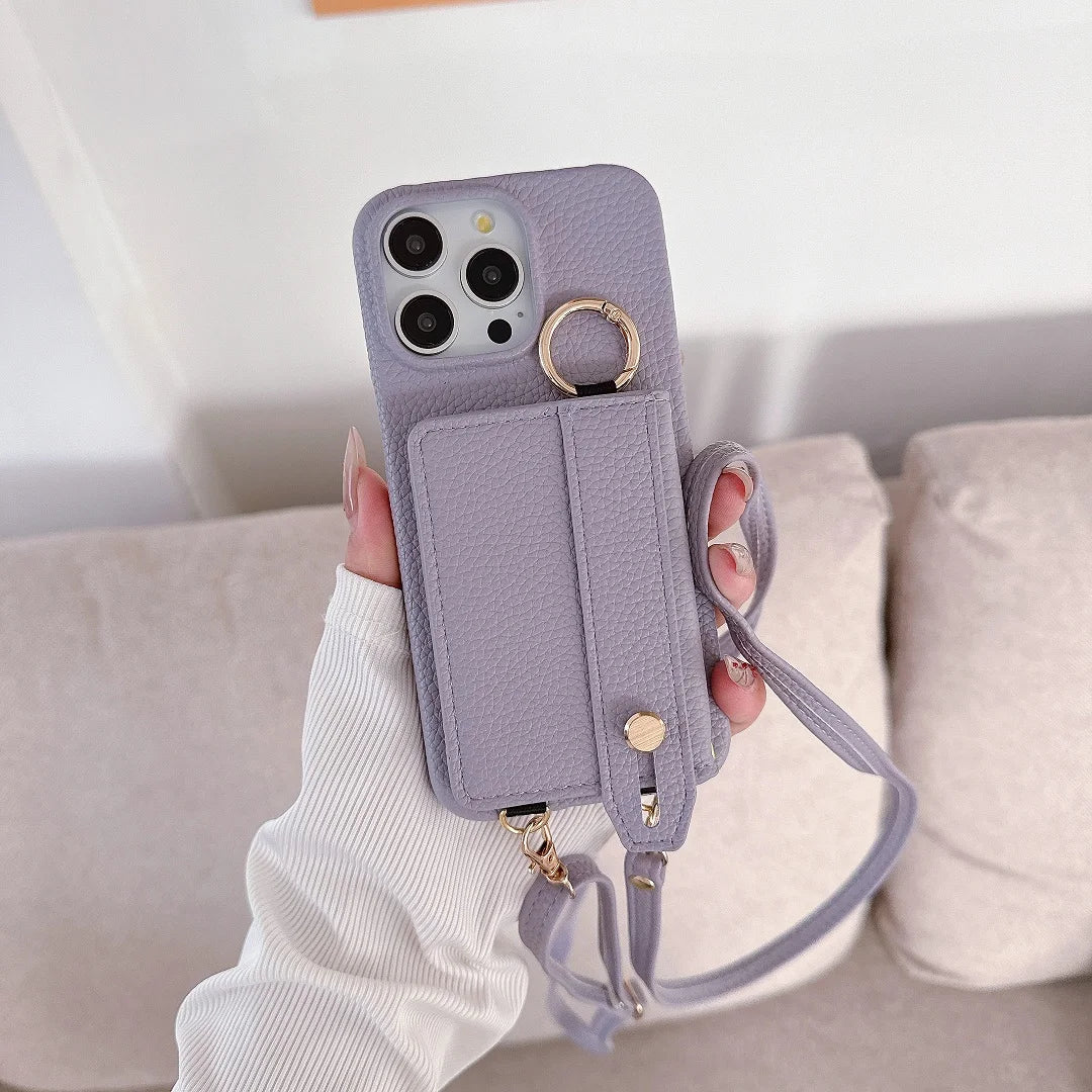 Luxury Shoulder Leather Card Pocket Wallet Case For iPhone 11 12 13 14 15 16 17 Pro Max Plus Purse Phone Cover Wrist Strap Stand