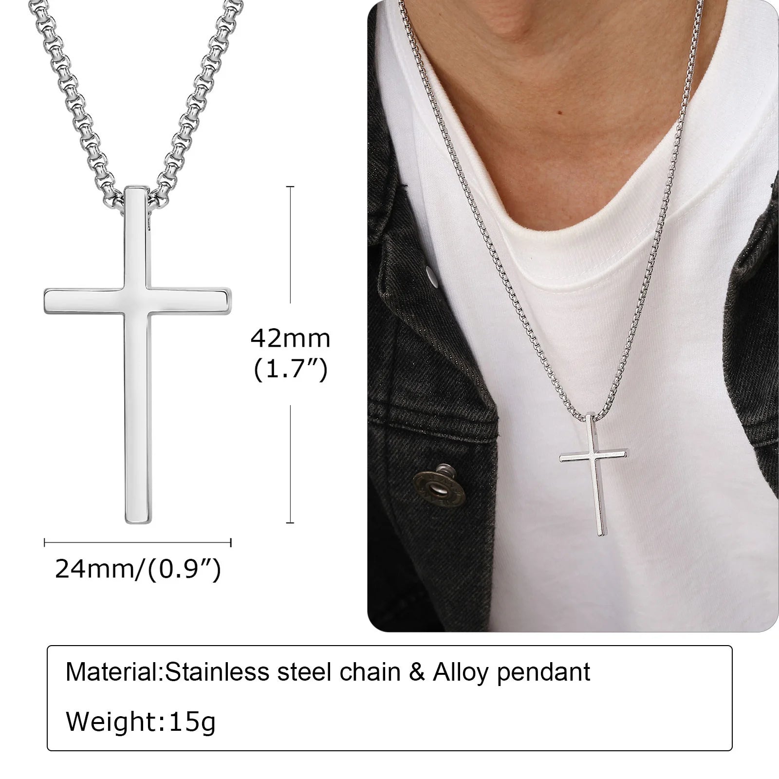 Vnox Cross Necklace for Men Women, Silver Color Plain Cross Pendant Collar with Stainless Steel Box Chain