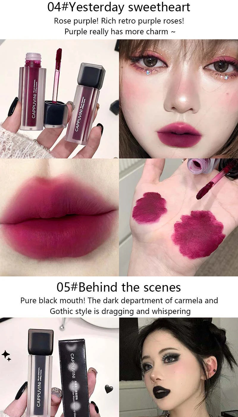 Cappuvini Obsidian Starry Matte Lip Gloss: Velvet Finish with Long-Lasting Formula-Dark Series for a Radiant Look,
