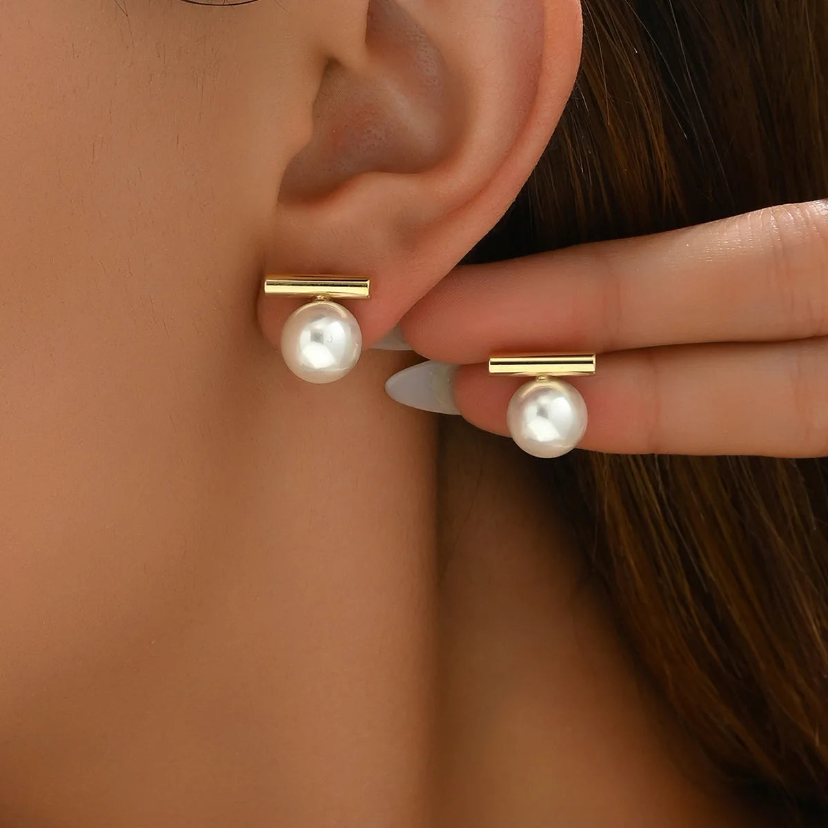 Simple Imitation Pearl Stud Earrings Gold Color Alloy Acrylic Beads Earring For Women Fashion Jewelry Trend Accessories