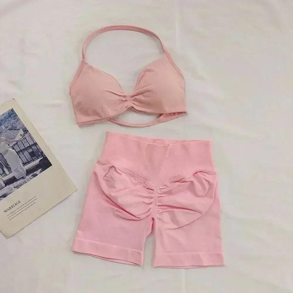 2 Pieces Sports Set Women Backless Tank Tops High Waist Scrunch Seamless Shorts Sport Suit Gym Set Sportswear Workout Set